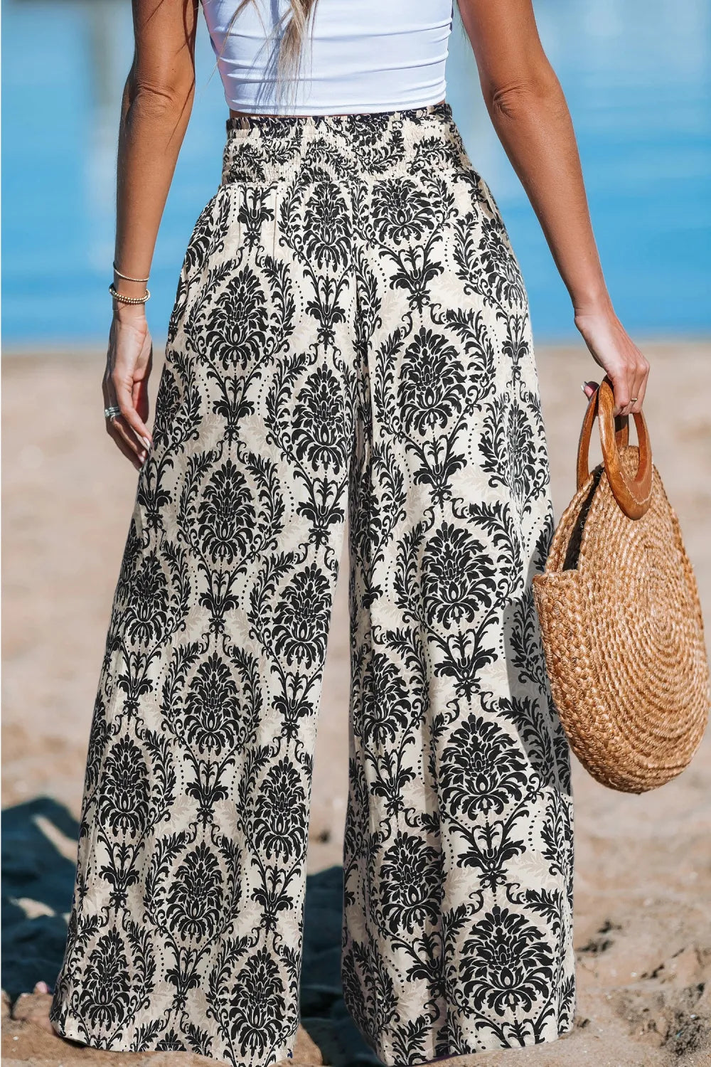 Green Damask Wide Leg Pants