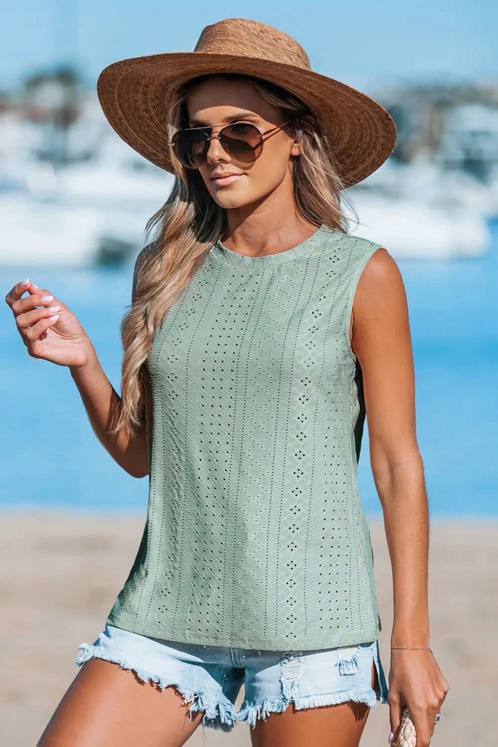 Sage Eyelet Jersey Tank Top
