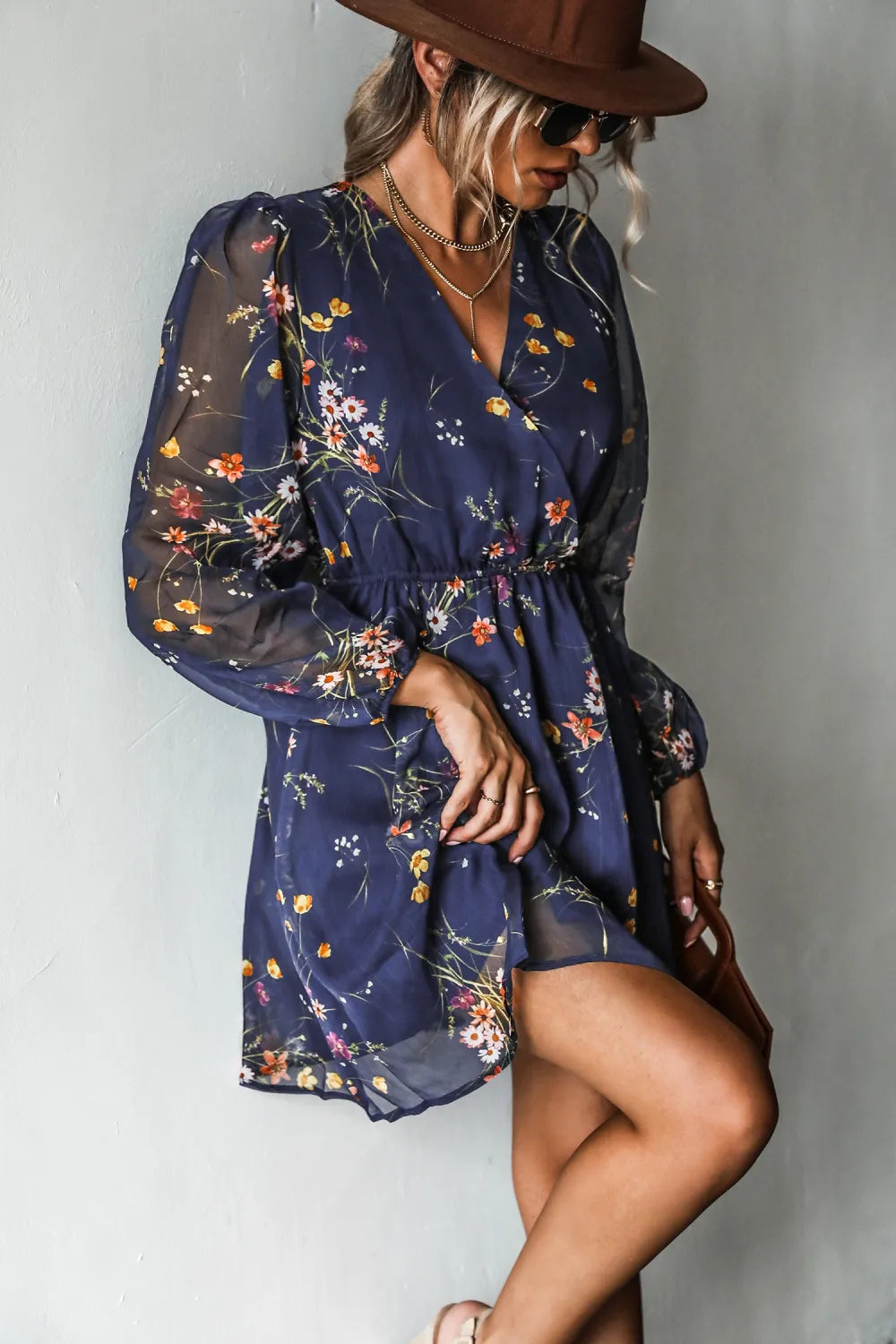 Realm Of Sky Floral Print Chiffon A-Line Mini Dress