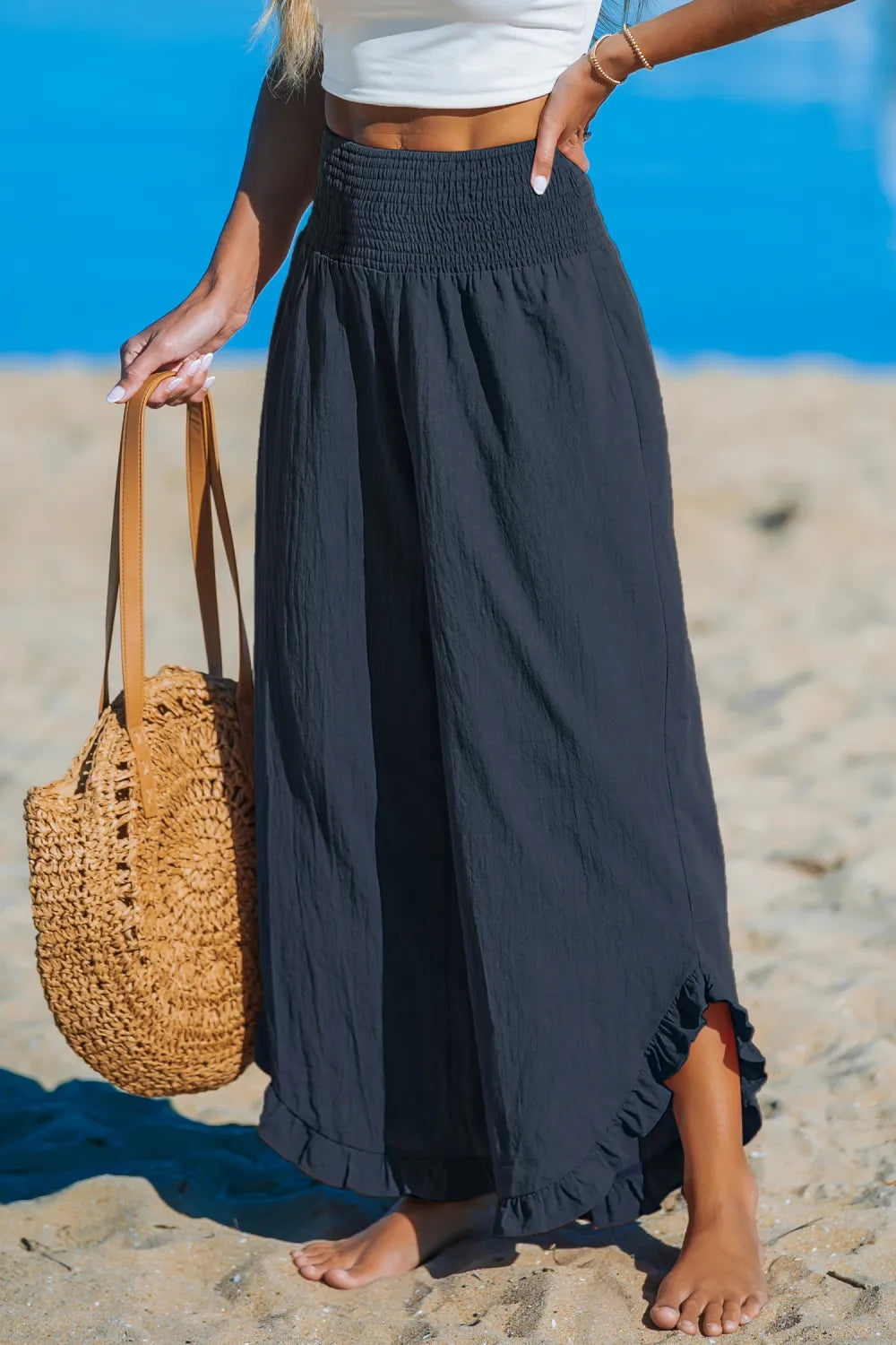 Black Smocked Waist Straight Leg Ruffle Pants