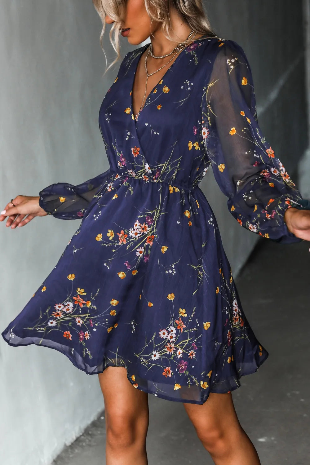 Realm Of Sky Floral Print Chiffon A-Line Mini Dress