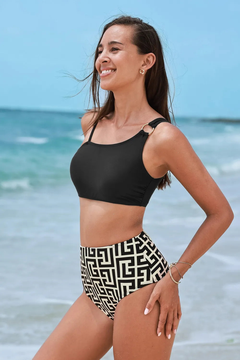 Black Asymmetrical Bikini Bralette & High-Waisted Geo Bottoms Set