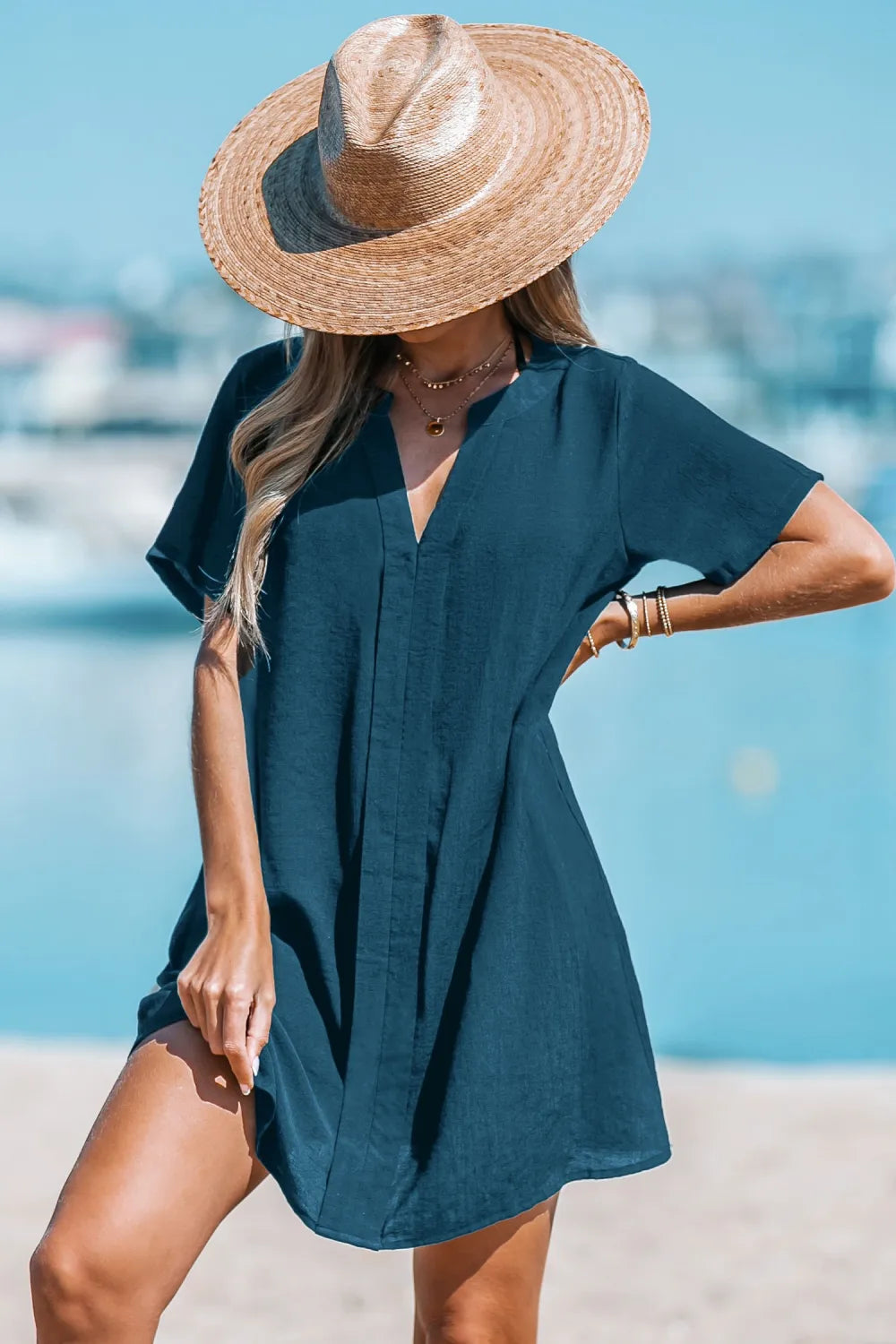 White V-Neck Cover-Up Mini Dress