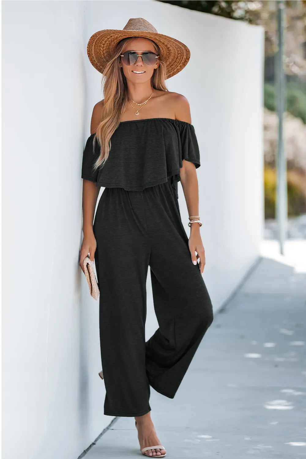 Short Sleeve Off-the-Shoulder Jumpsuit