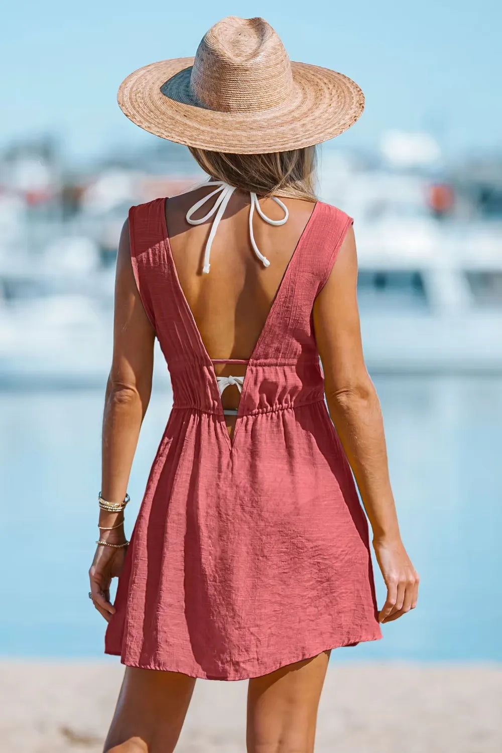 Lace Up Backless Cover-Up Dress