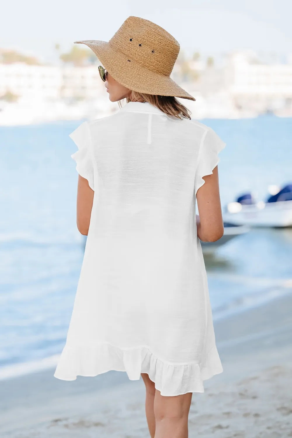 Button-Up Collared Ruffle Mini Cover-Up