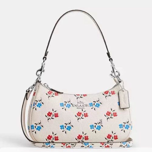 Coach Leather Teri Shoulder Bag With Floral Print In Silver/Chalk Multi