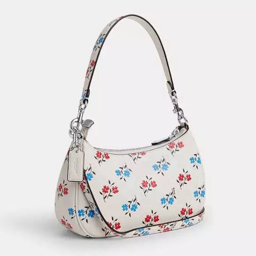 Coach Leather Teri Shoulder Bag With Floral Print In Silver/Chalk Multi